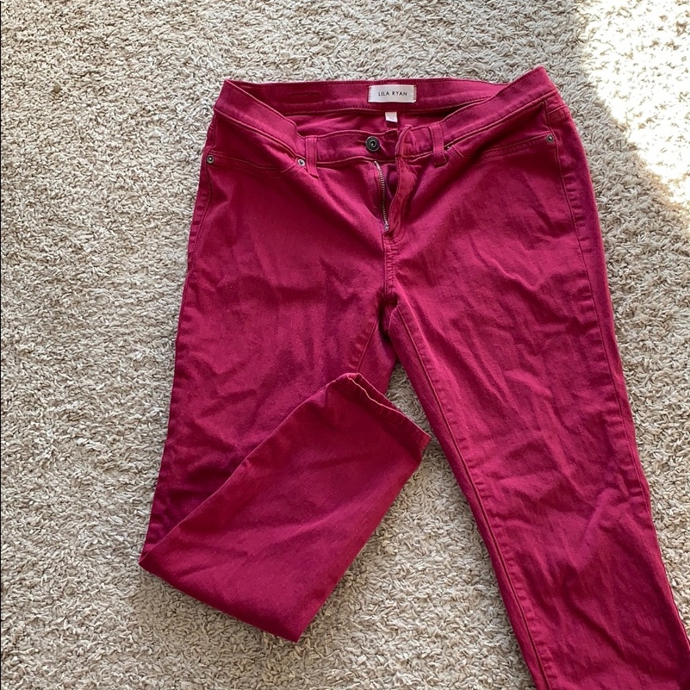 Red straight leg pants